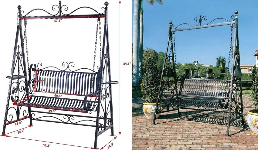 Tekeningen en foto's van een metalen tuinschommel: afmetingen en instructies voor het maken