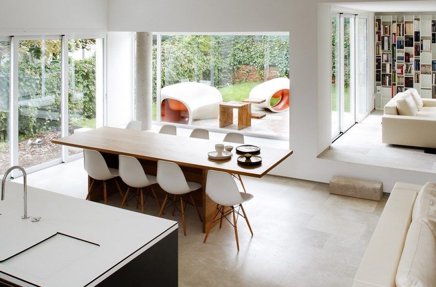 Ontwerp van de keuken in combinatie met de woonkamer: een foto van moderne interieurs