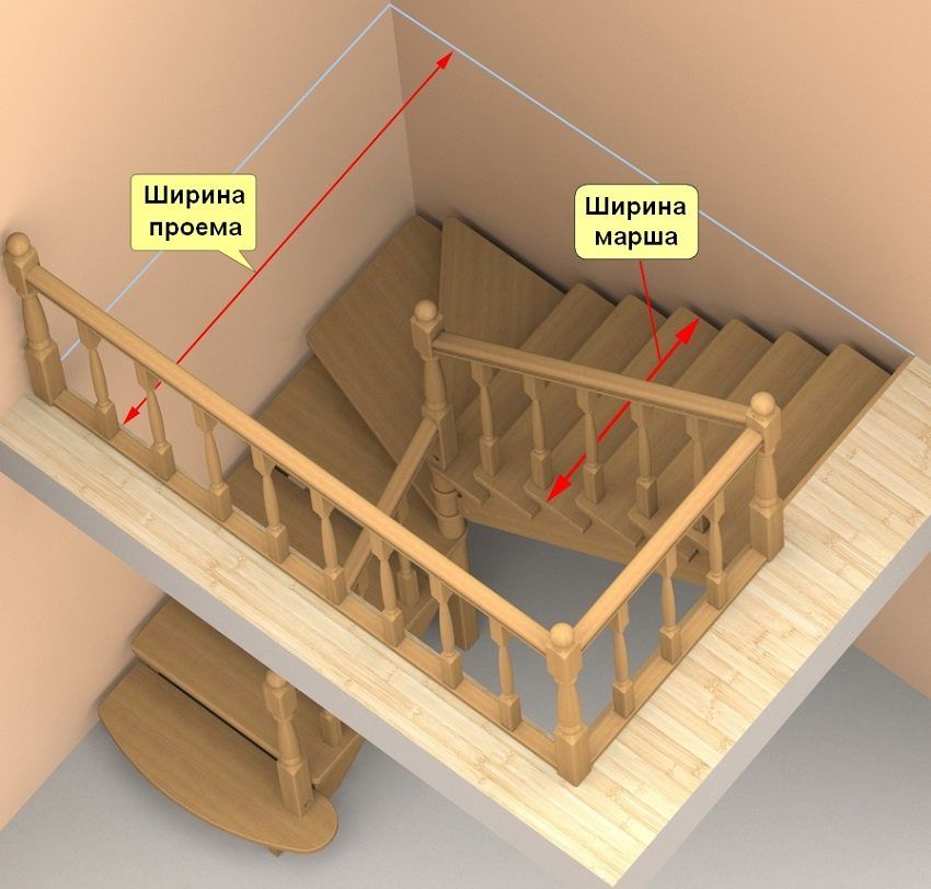 Trap naar de tweede verdieping doe het zelf uit hout met een draai van 90 graden: berekening en installatie