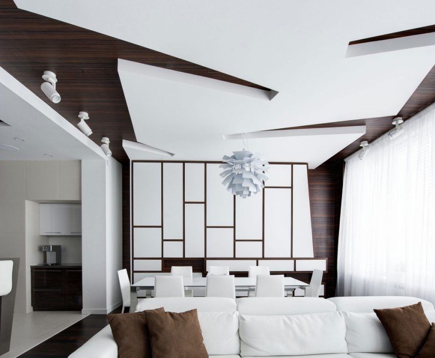 Hangende gipsplaatplafonds: foto, ontwerp van verschillende kamers