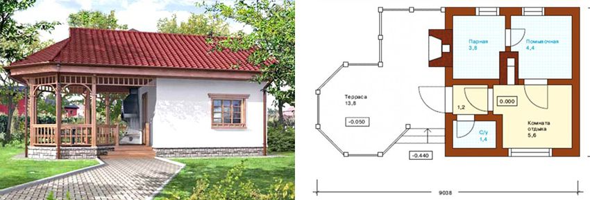Projecten van een badhuis met een prieel onder één dak: de beste ideeën voor implementatie