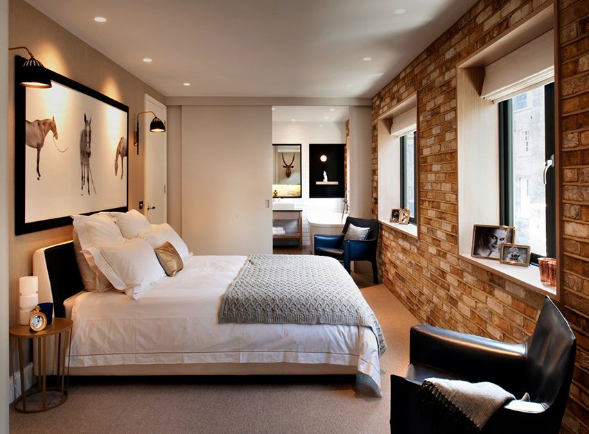 Slaapkamer in loftstijl: stijlvolle, ruime en ongewone kamer